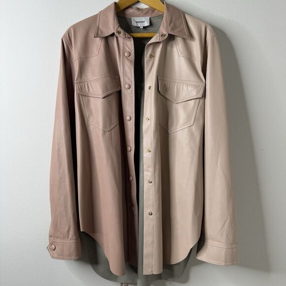 Nanushka Eddy Two-Tone Vegan Leather Shirt Shacket Jacket in Blush Belt Sz M - Picture 2 of 11